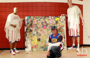LOS ANGELES, CA - FEBRUARY 13: Harlem Globetrotters Herb Lang (L), Paul Sturgess (R) and Pop Surrealist Artist Daniel Maltzman Unveil 'The Art & Soul Of Basketball' at Pan Pacific Recreation Complex on February 13, 2013 in Los Angeles, California. (Photo by JC Olivera/WireImage)